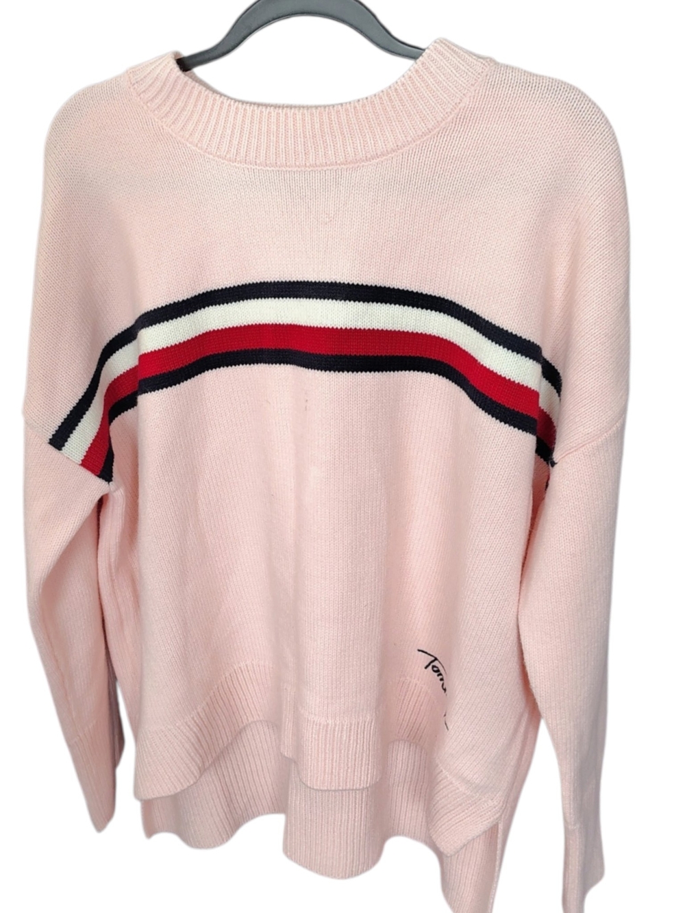 Tommy Hilfiger Pink Crewneck Sweater with Navy, Red & Cream Stripes